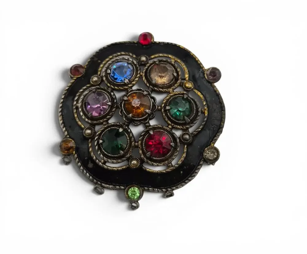 Vintage Rhinestone Enamel Brooch Renaissance Revival European Style Pin